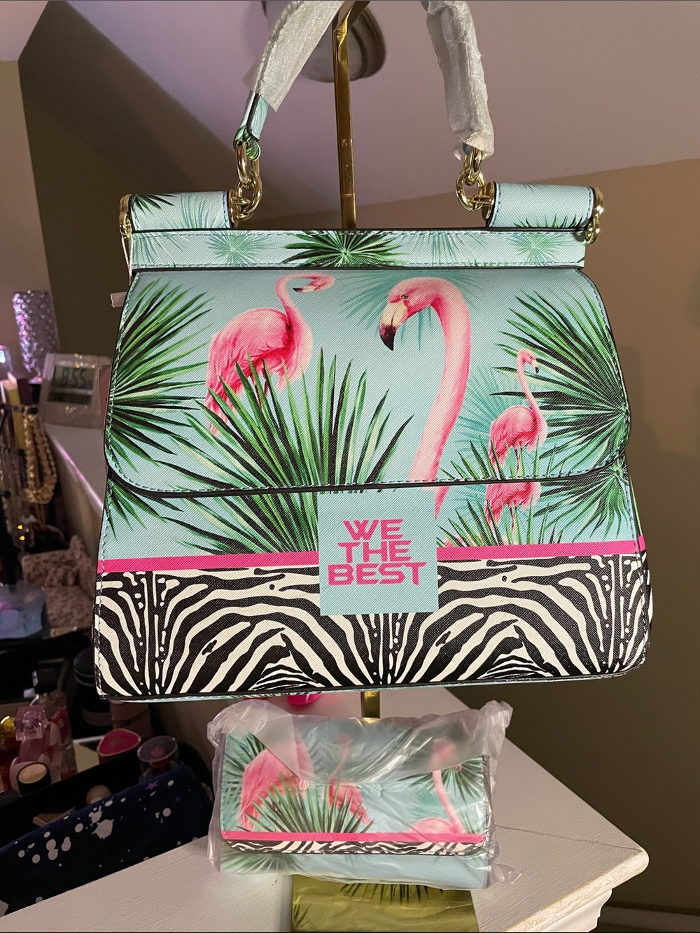 Flamingo Print Satchel - Mint Pink